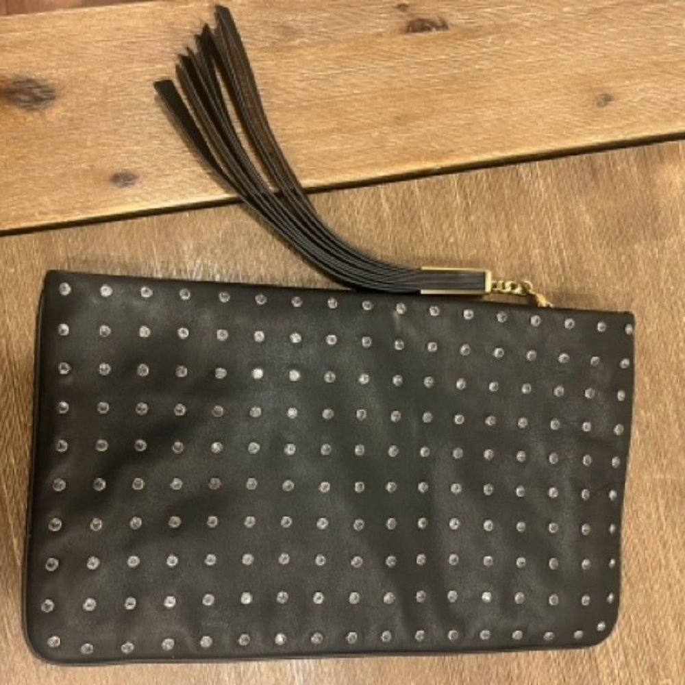 Brian Atwood Black Leather Clutch with Crystal Studs